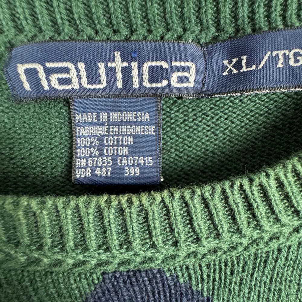 VTG Y2K Nautica Men's Argyle Sweater Green Navy Crew Neck Long Sleeve Cotton XL‎ - Picture 4 of 8
